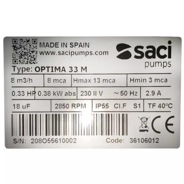 Saci Optima 33M 8 м3/час, 0,25 кВт, 230 В насос для бассейна - Фото №13