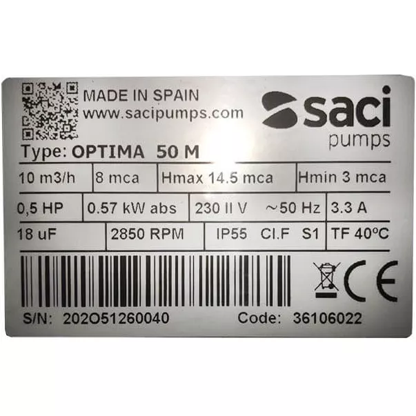 Saci Optima 50M 10 м3/час, 0,33 кВт, 230 В насос для бассейна - Фото №7