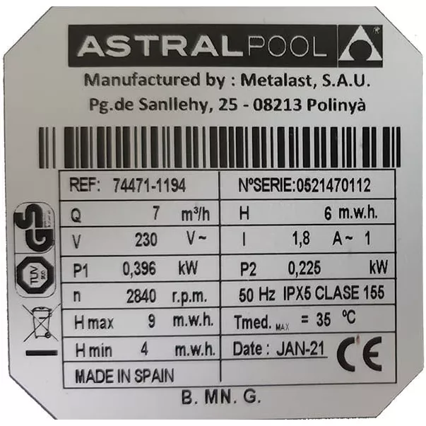 Astral Sena / Fluidra Sena 7 м3/год, 0,25 кВт, 230 В насос для басейну - Фото №7