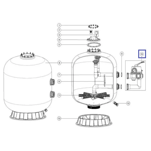 Шестипозиционный кран Emaux MPV04 из ABC, резьба 2'', боковое подключение, для фильтров серии Emaux серии S - Фото №3