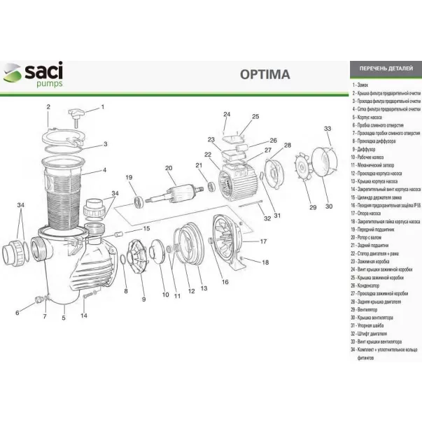 Saci Optima 33M 8 м3/час, 0,25 кВт, 230 В насос для бассейна - Фото №5
