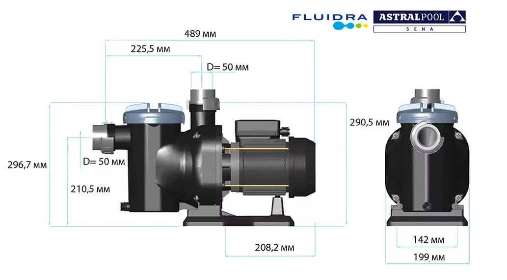 Astral Sena / Fluidra Sena 11,8 м3/час насос для бассейна - габариты