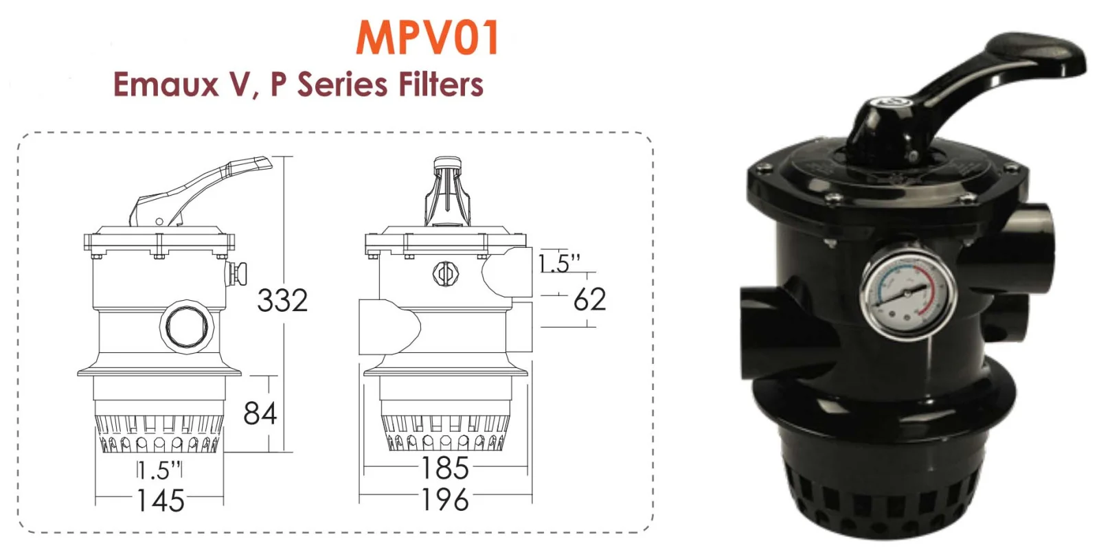 Emaux MPV01 шестипозиційний кран фільтрів серії V й P&nbsp;з муфтами