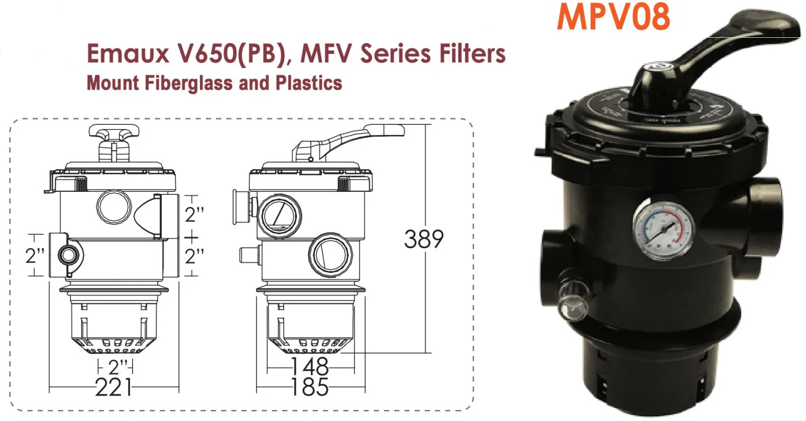 Emaux MPV08 шестипозиційний кран для фільтрів серії MFV, V, P і Max
