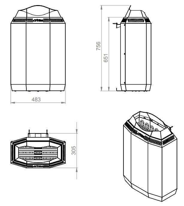 FinTec Saunaofen Kaja 6 кВт электрокаменка с нержавеющей стали. Габаритные размеры.